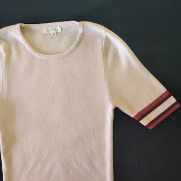 BOHME | Beige Short Sleeve Sweater Knit Top Varsity-Style Stripe Trim Shirt S - Picture 3 of 10